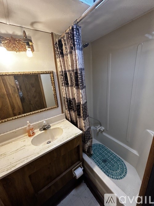 A bathroom with a sink, mirror, and shower.