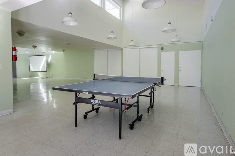 A ping pong table is in the middle of a room with green walls.