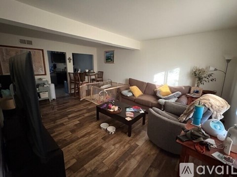 A living room with a couch, chair, and a rug.
