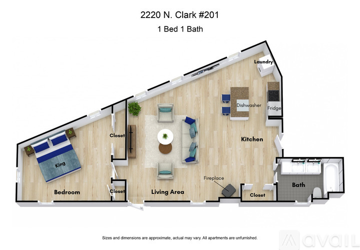 A floor plan of a one bedroom apartment with a bathroom.