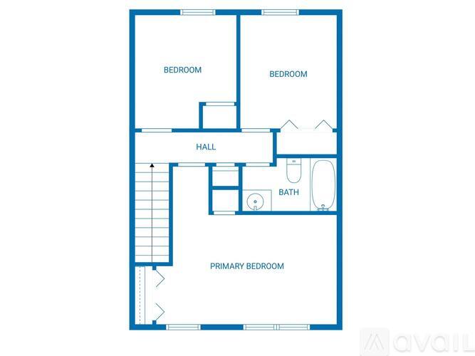 A blueprint of a house layout with two bedrooms, a hall, a bathroom, and a primary bedroom.