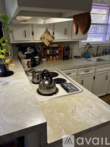 A kitchen with a marble countertop and a stove top.