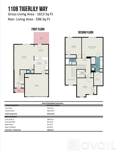 A floor plan for a property at 1108 Tigerlily Way shows the layout for the first and second floors.