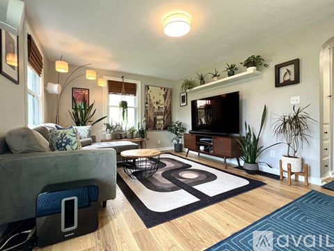 A living room with a grey couch and a black and white rug.