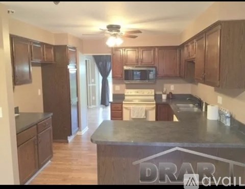 A kitchen with wooden cabinets and a countertop.