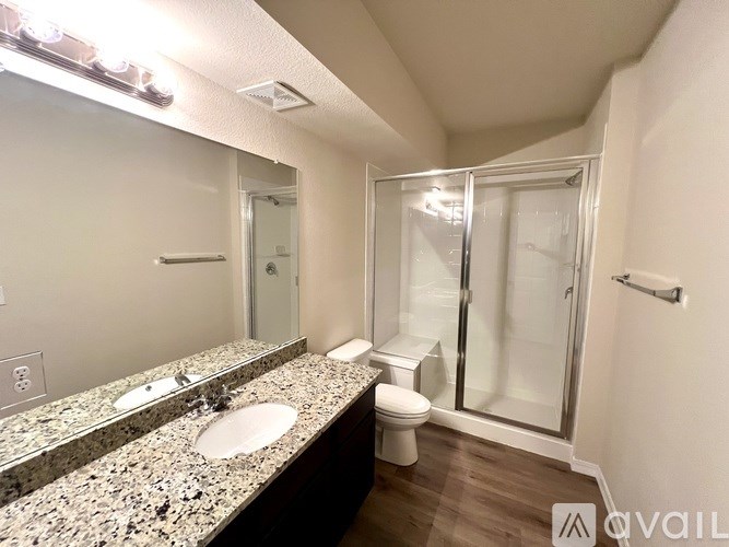 A bathroom with a granite countertop and a walk-in shower.