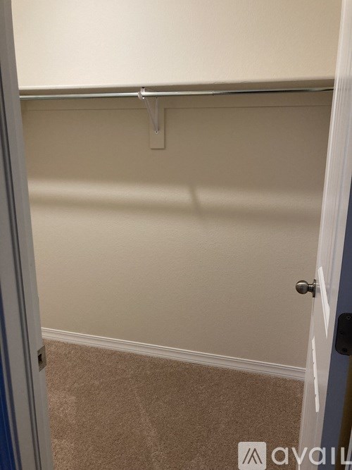 A white door with a silver handle is open.