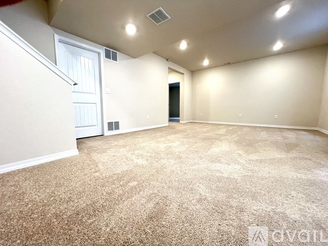 A room with a carpeted floor and a door in the background.