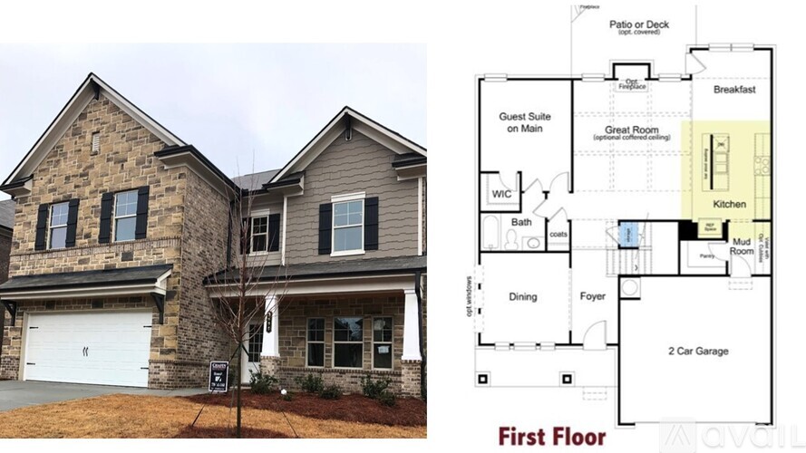 A house with a first floor plan showing a guest suite on the main floor.