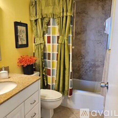 A bathroom with a toilet, sink, and shower curtain.