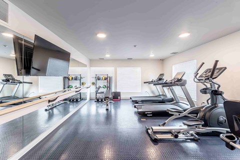 A spacious gym with treadmills, elliptical machines, and other exercise equipment.