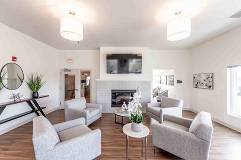 A living room with a fireplace and a television.