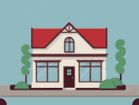 A house with a red roof and white walls is depicted.