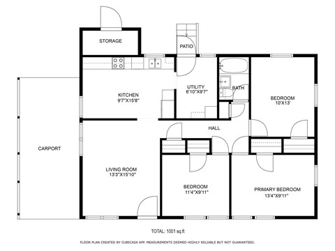 A black and white floor plan of a house with a living room, kitchen, two bedrooms, a bathroom, a storage area, a patio, and a carport.