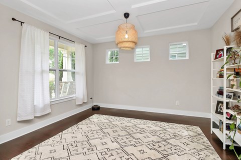 A room with a patterned rug on the floor and a hanging light fixture.
