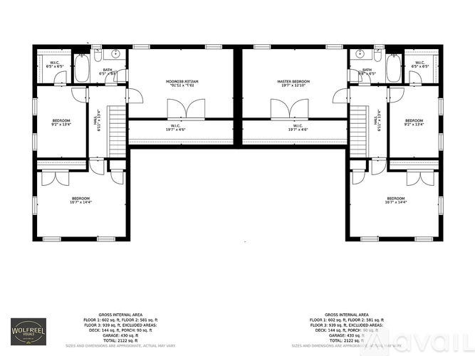 A floor plan of a two-story building with labeled rooms and measurements.