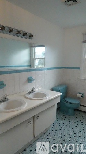 A bathroom with a toilet, sink, and a window.