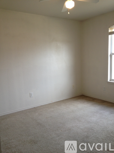 A room with a carpeted floor and a window on the wall.