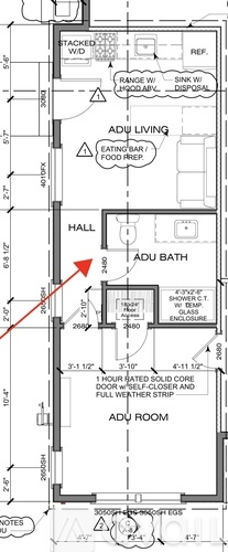 A floor plan of a house with a living room, hall, and bathroom.