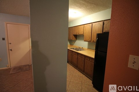 A kitchen with a black refrigerator and wooden cabinets.