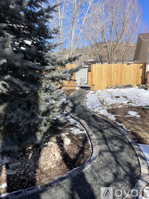 A snow-covered pathway leads through a backyard.