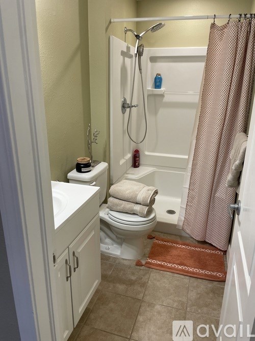 A bathroom with a toilet, sink, and shower.