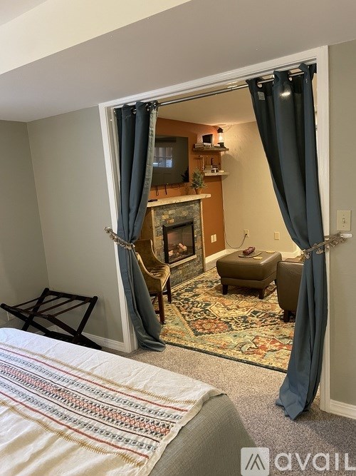 A bedroom with a fireplace and a rug in the living area.