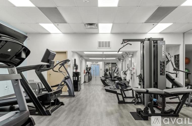 A gym with treadmills, elliptical machines, and weight machines.