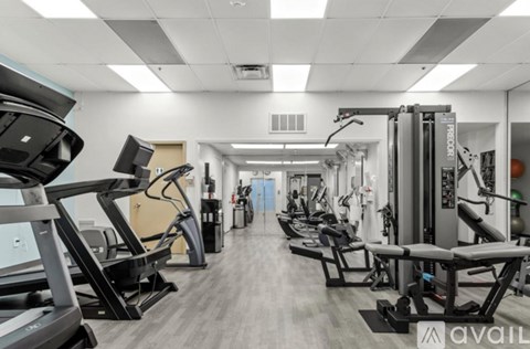 A gym with treadmills, elliptical machines, and weight machines.