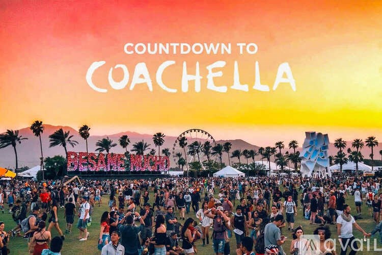 A large crowd of people at a music festival with the text "COUNTDOWN TO COACHELLA" prominently displayed.