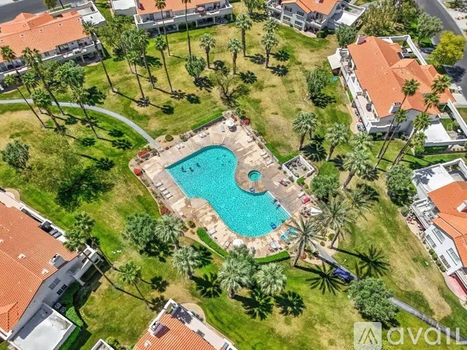 A swimming pool surrounded by palm trees and a grassy area.