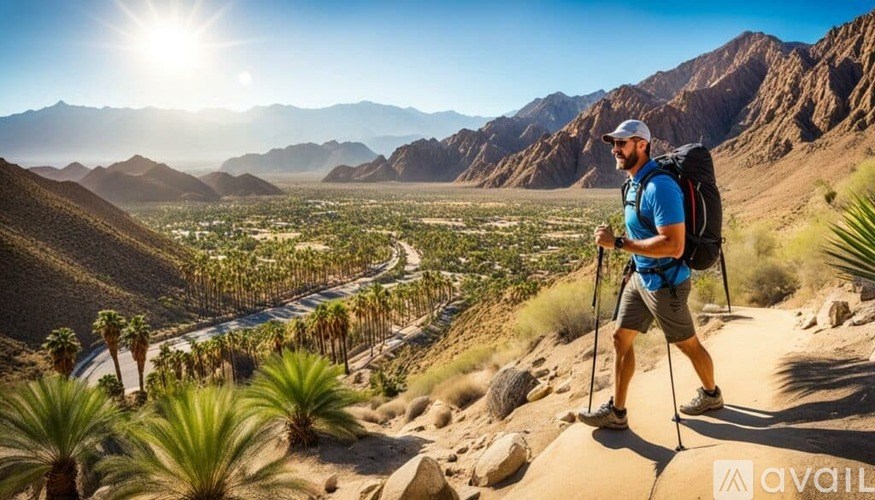 A man with a backpack is hiking on a trail in a desert landscape.