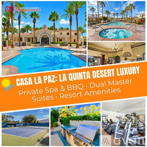 A collage of images showcasing the amenities of CASA LA PAZ, including a pool, spa, and tennis court.