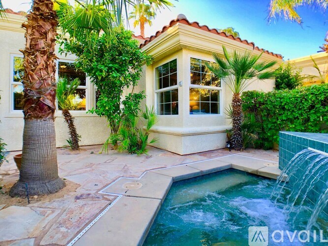 A house with a pool and a palm tree in front.