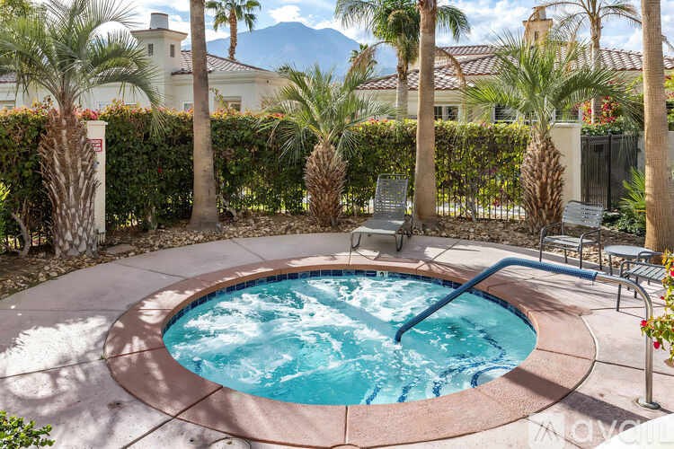 A round pool surrounded by palm trees and a hedge.