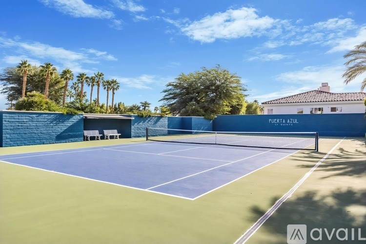 A tennis court with a blue wall and palm trees in the background.