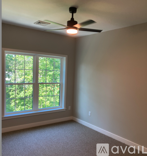 A room with a ceiling fan and a window showing green trees outside.