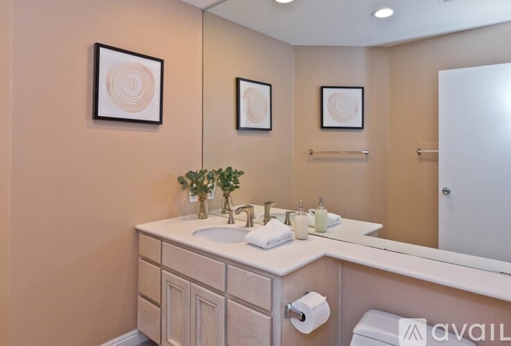 A bathroom with a white sink and a mirror above it.