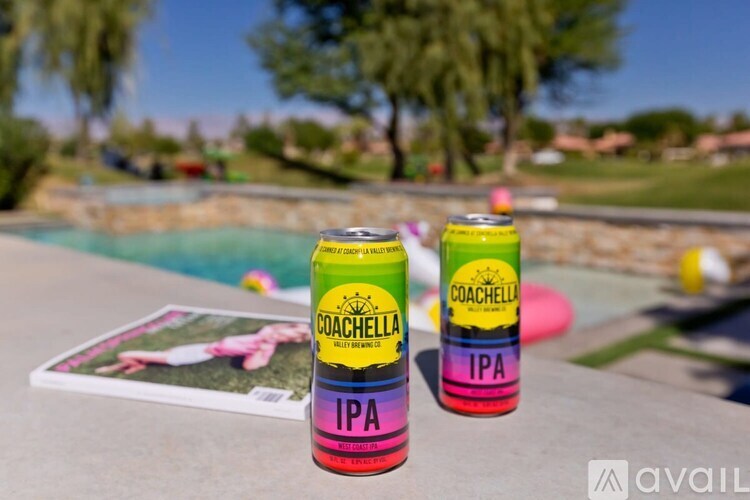 Two cans of Coachella IPA are on a table outside.
