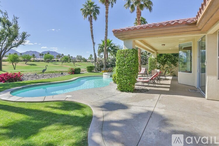 A house with a pool and a palm tree in the backyard.