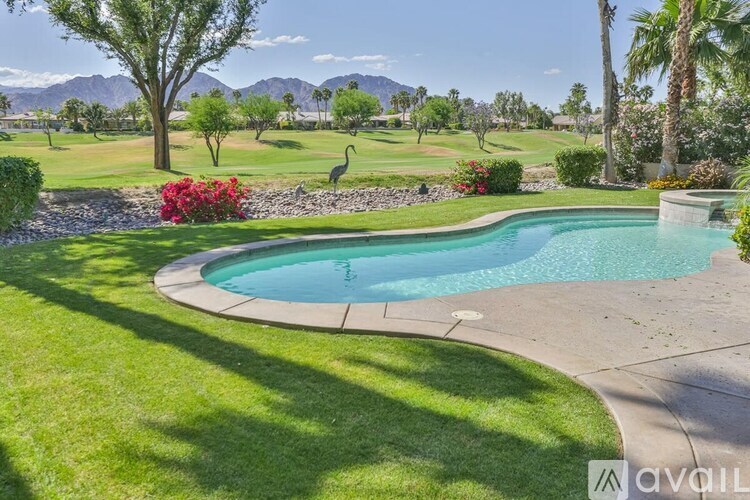 A pool in a backyard with a green lawn and a tree.