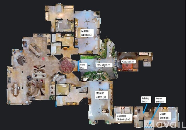 A floor plan of a house with a courtyard, guest bedrooms, and a casita.