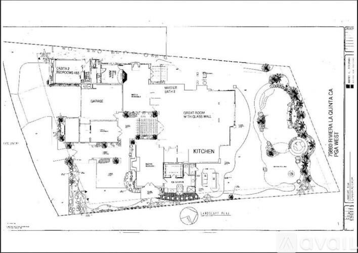 A black and white floor plan of a house with a kitchen, living room, and two bathrooms.