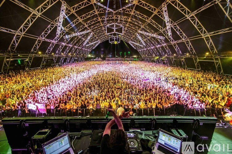 A DJ mixes music in front of a large crowd at a concert.