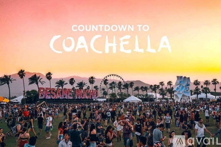A large crowd of people at a music festival with the text "COUNTDOWN TO COACHELLA" prominently displayed.