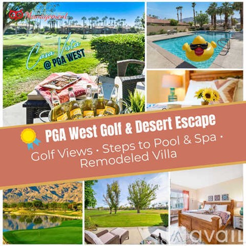 A collage of images showcasing a golf course, pool, and a remodeled villa.
