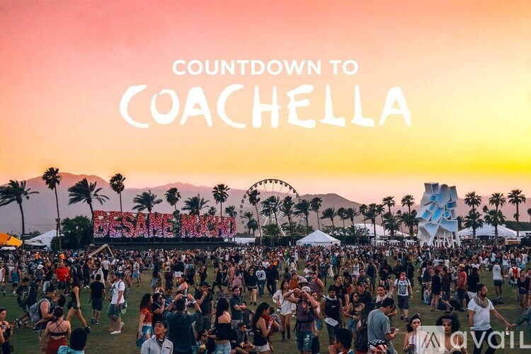 A large crowd of people at a music festival with the text "COUNTDOWN TO COACHELLA" prominently displayed.