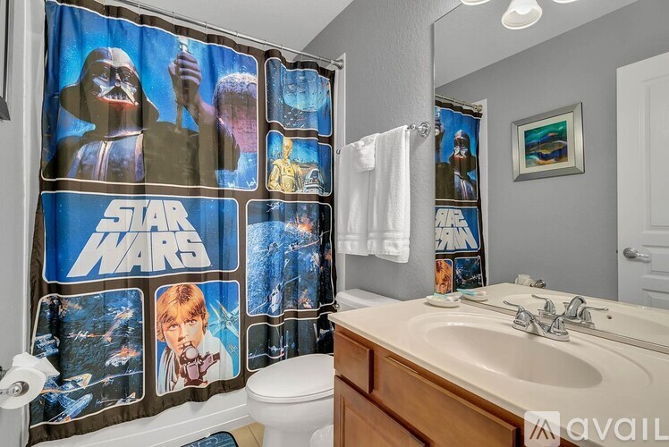 A Star Wars themed bathroom with a shower curtain and a mirror.