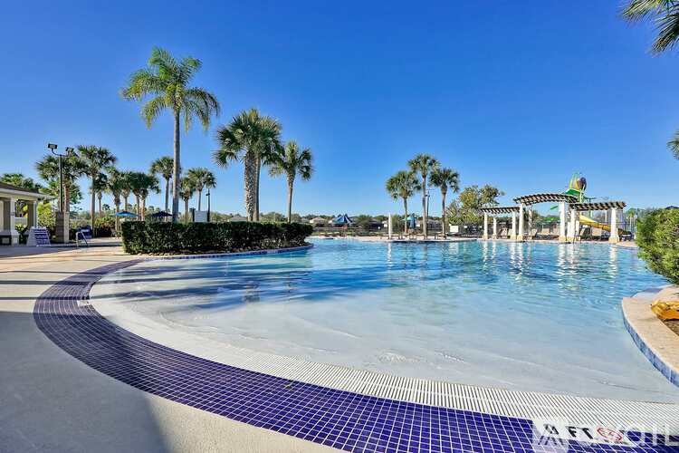 A large swimming pool surrounded by palm trees.