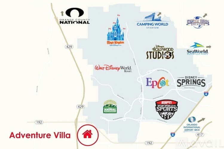 A map showing the location of Adventure Villa.